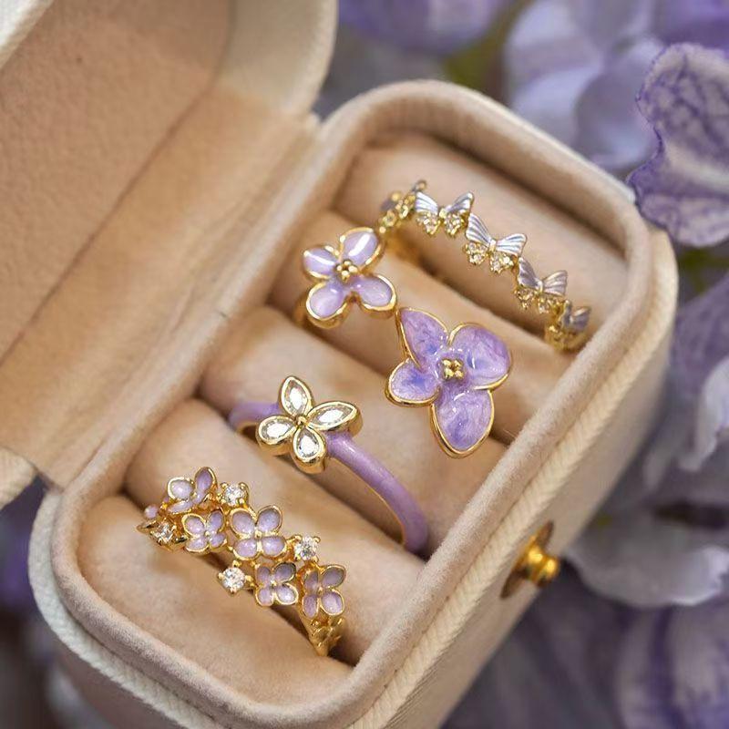 French Style Light Luxury High-Grade Open Ring Purple Super Fairy Elegant Flower Dripping Zircon Butterfly Ring Wholesale Cross-Border
