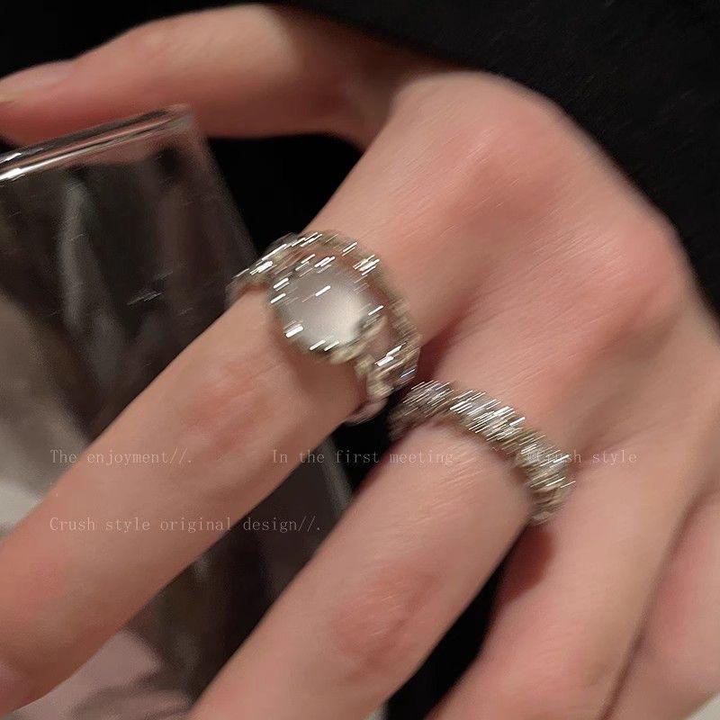 Two-Piece Moonstone Ring Female Inlaid Rhinestone Open Ring Niche Design Plain Ring Index Finger Ring French Self-Discipline Ring