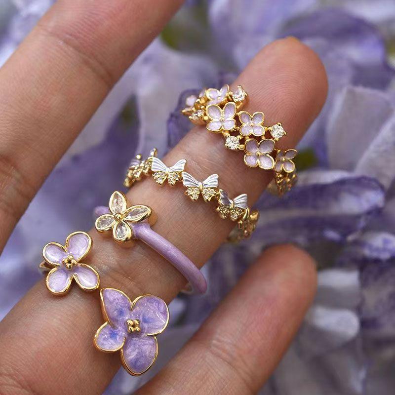 French Style Light Luxury High-Grade Open Ring Purple Super Fairy Elegant Flower Dripping Zircon Butterfly Ring Wholesale Cross-Border