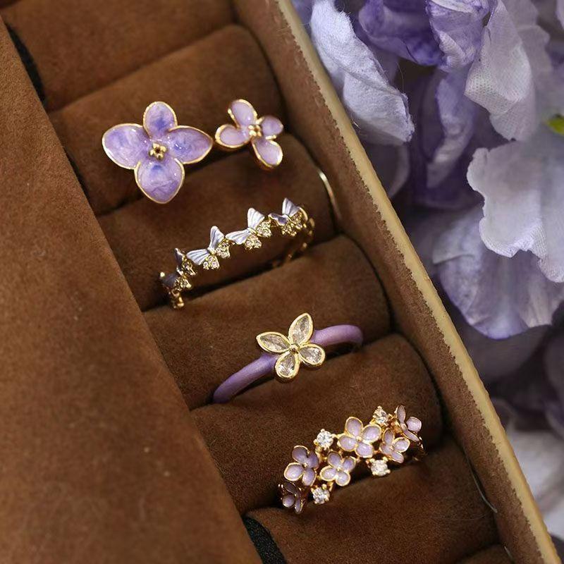 French Style Light Luxury High-Grade Open Ring Purple Super Fairy Elegant Flower Dripping Zircon Butterfly Ring Wholesale Cross-Border