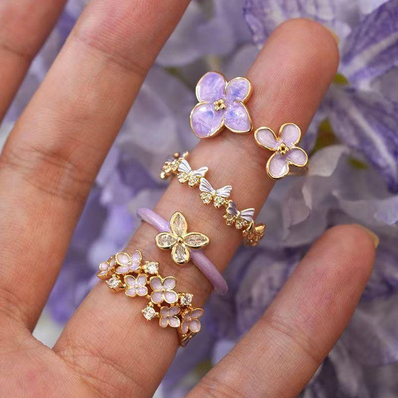 French Style Light Luxury High-Grade Open Ring Purple Super Fairy Elegant Flower Dripping Zircon Butterfly Ring Wholesale Cross-Border