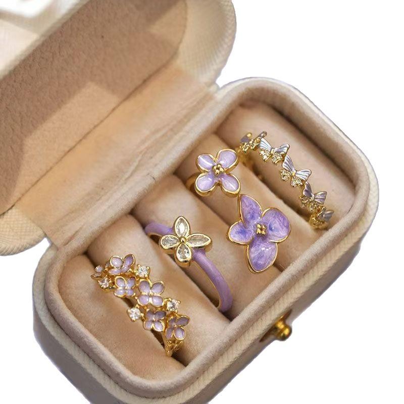 French Style Light Luxury High-Grade Open Ring Purple Super Fairy Elegant Flower Dripping Zircon Butterfly Ring Wholesale Cross-Border