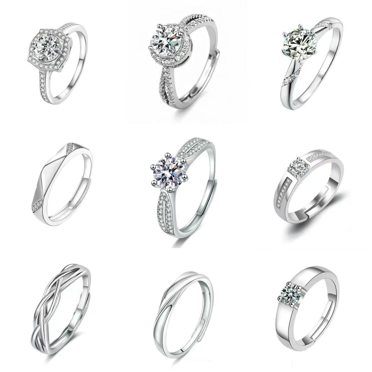 High-End Six-Claw Simulation Diamond Ring Women's Simple Fashion Couple Zircon Couple Ring Proposal Wedding Open Ring Wholesale