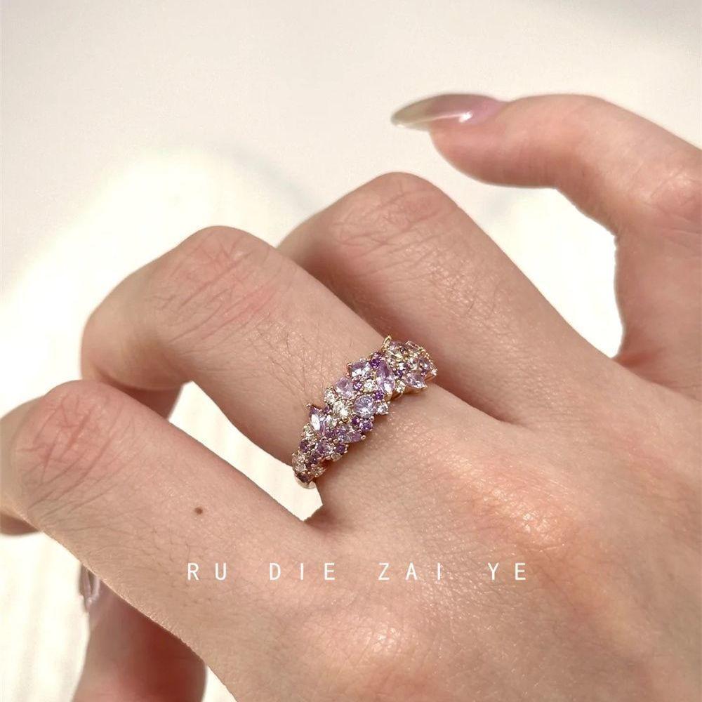 Koning Lavender ~ Gentle Heart Machine Purple Zircon Full Diamond Ring Light Luxury Gold High-Grade Open Ring