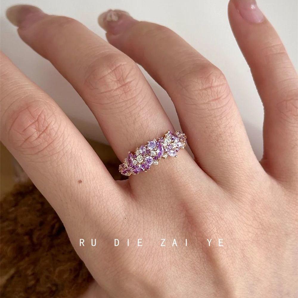 Koning Lavender ~ Gentle Heart Machine Purple Zircon Full Diamond Ring Light Luxury Gold High-Grade Open Ring