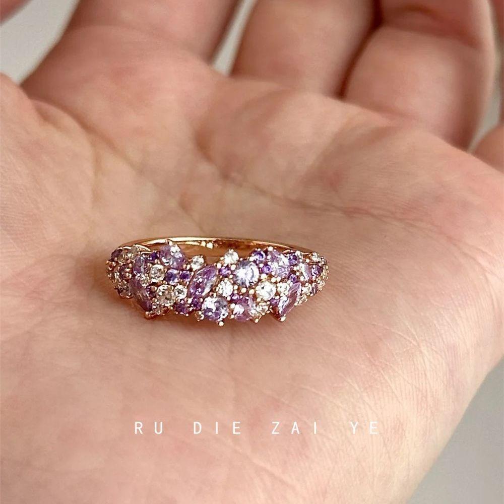 Koning Lavender ~ Gentle Heart Machine Purple Zircon Full Diamond Ring Light Luxury Gold High-Grade Open Ring