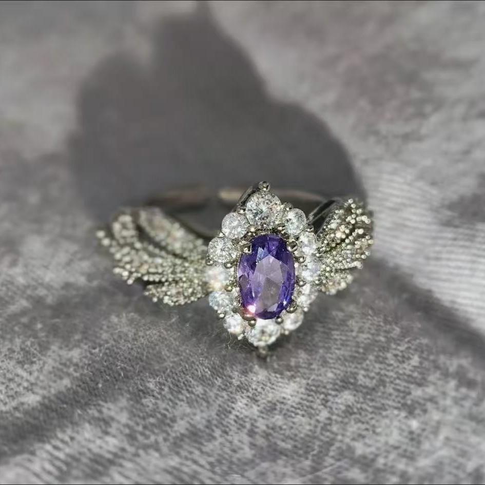 Provence Super Flash Light Purple Zircon Light Luxury Cold Sense High Sense Temperament Ring Open Ring Ring Female