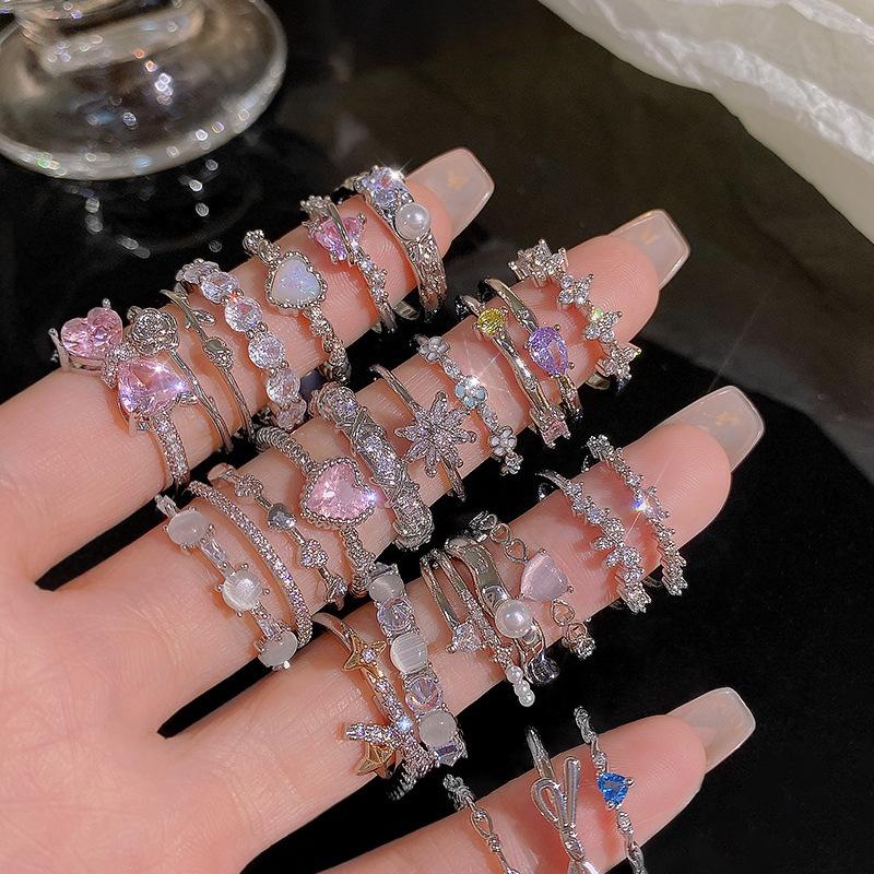 INS Style Silver Zircon Ring Female Light Luxury Niche High Sense Open Ring Ring Versatile Temperament Bracelet Wholesale