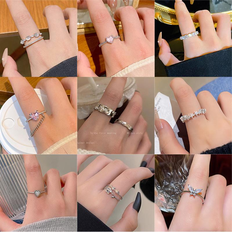 INS Style Silver Zircon Ring Female Light Luxury Niche High Sense Open Ring Ring Versatile Temperament Bracelet Wholesale