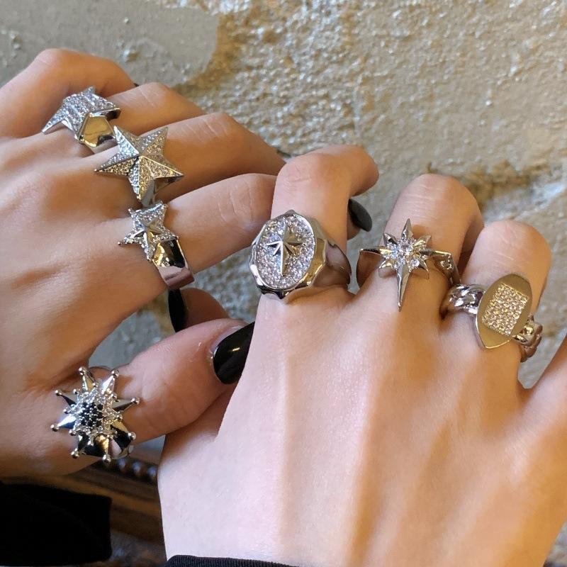 Sweet Cool Hot Girl Style Copper Gold-Plated Star Micro Inlaid Zircon Open Stacked Ring Light Luxury Awn Star Stacked Ring Ring