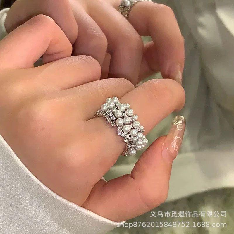 French Style Light Luxury Design Pearl Zircon Open Ring Niche Exquisite High-Grade Versatile Temperament Index Finger Ring