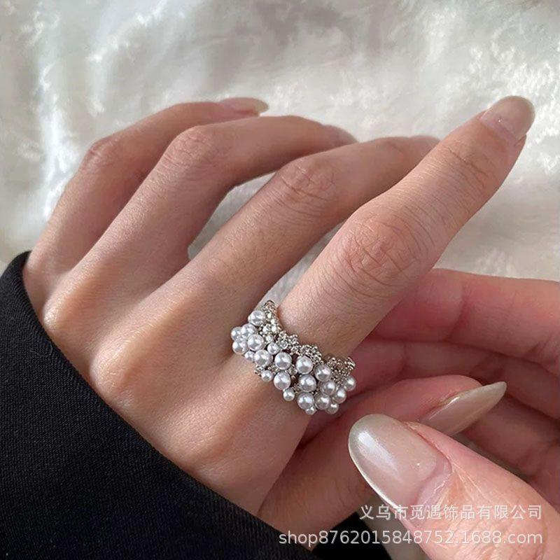 French Style Light Luxury Design Pearl Zircon Open Ring Niche Exquisite High-Grade Versatile Temperament Index Finger Ring
