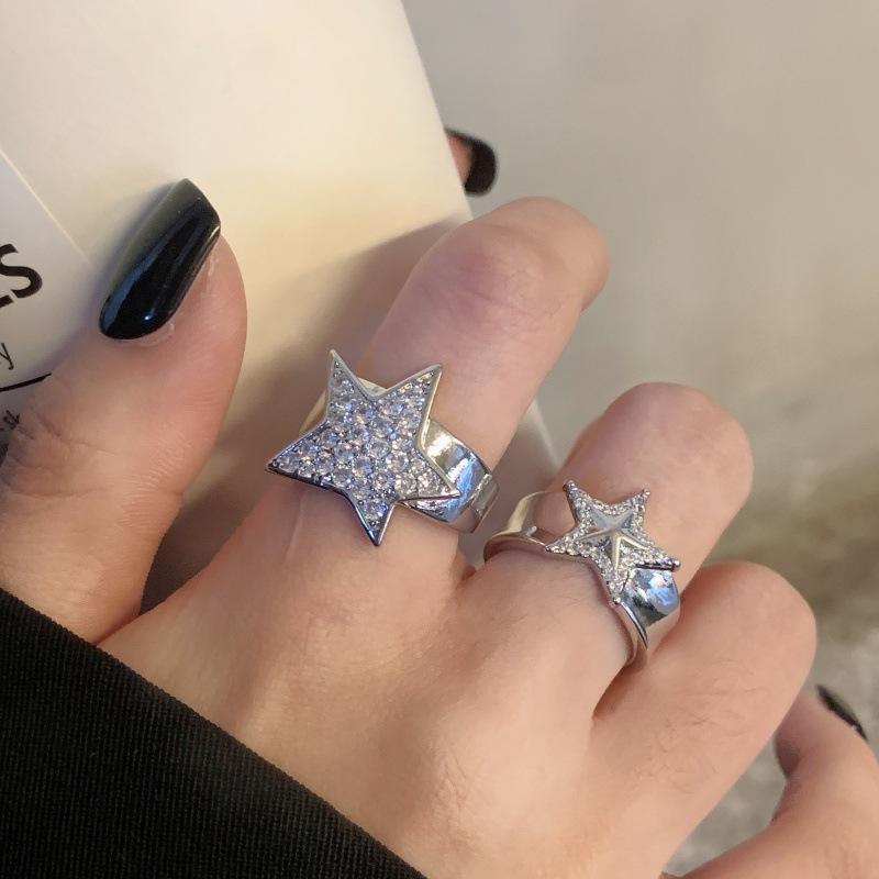 Sweet Cool Hot Girl Style Copper Gold-Plated Star Micro Inlaid Zircon Open Stacked Ring Light Luxury Awn Star Stacked Ring Ring