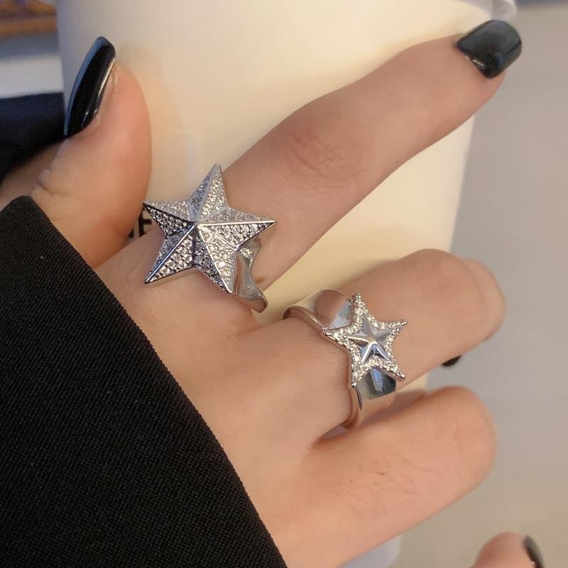 Sweet Cool Hot Girl Style Copper Gold-Plated Star Micro Inlaid Zircon Open Stacked Ring Light Luxury Awn Star Stacked Ring Ring