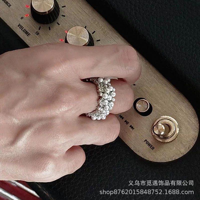 French Style Light Luxury Design Pearl Zircon Open Ring Niche Exquisite High-Grade Versatile Temperament Index Finger Ring