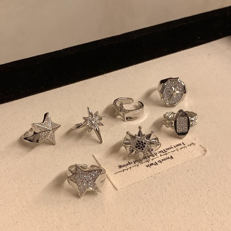 Sweet Cool Hot Girl Style Copper Gold-Plated Star Micro Inlaid Zircon Open Stacked Ring Light Luxury Awn Star Stacked Ring Ring