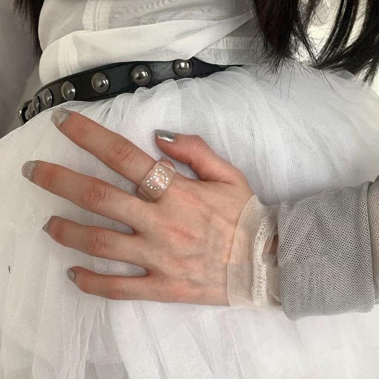 Korean Style Ins Simple Love Zircon Resin Ring Versatile Sweet Design Sense Niche Design Clear Index Finger Ring