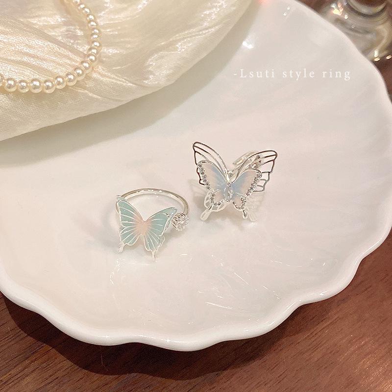 Colorful Butterfly Open Ring Female Light Luxury Niche Design Sense Zircon Ring Sweet Temperament Super Fairy Jewelry