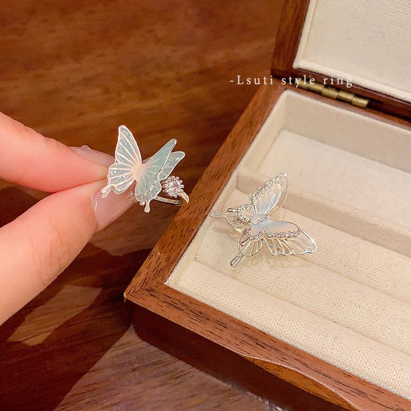 Colorful Butterfly Open Ring Female Light Luxury Niche Design Sense Zircon Ring Sweet Temperament Super Fairy Jewelry