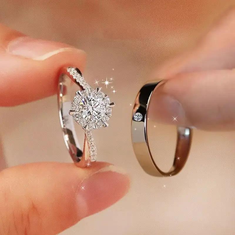 High-End Six-Claw Simulation Diamond Ring Women's Simple Fashion Couple Zircon Couple Ring Proposal Wedding Open Ring Wholesale