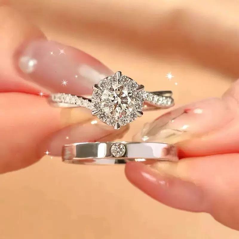 High-End Six-Claw Simulation Diamond Ring Women's Simple Fashion Couple Zircon Couple Ring Proposal Wedding Open Ring Wholesale