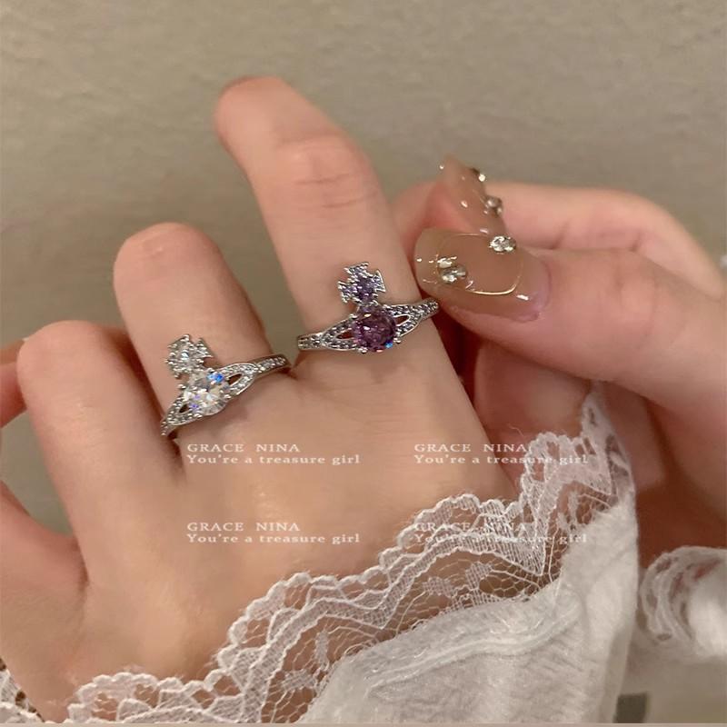 Queen Mother's Ring Full Diamond Zircon Saturn Advanced Design Sense Index Finger Ring Open Ring Adjustable 2023 New
