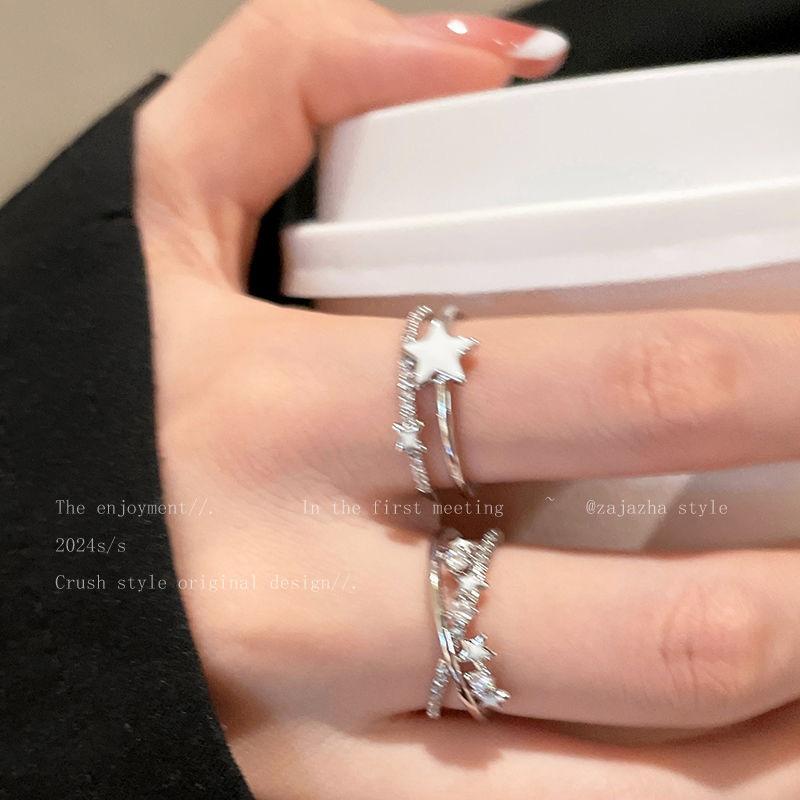 Double-Layer Star Zircon Open Ring Female Niche Design Girlfriends Student Ring Light Luxury High-Grade Index Ring Ring