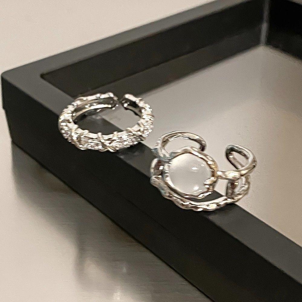 Two-Piece Moonstone Ring Female Inlaid Rhinestone Open Ring Niche Design Plain Ring Index Finger Ring French Self-Discipline Ring