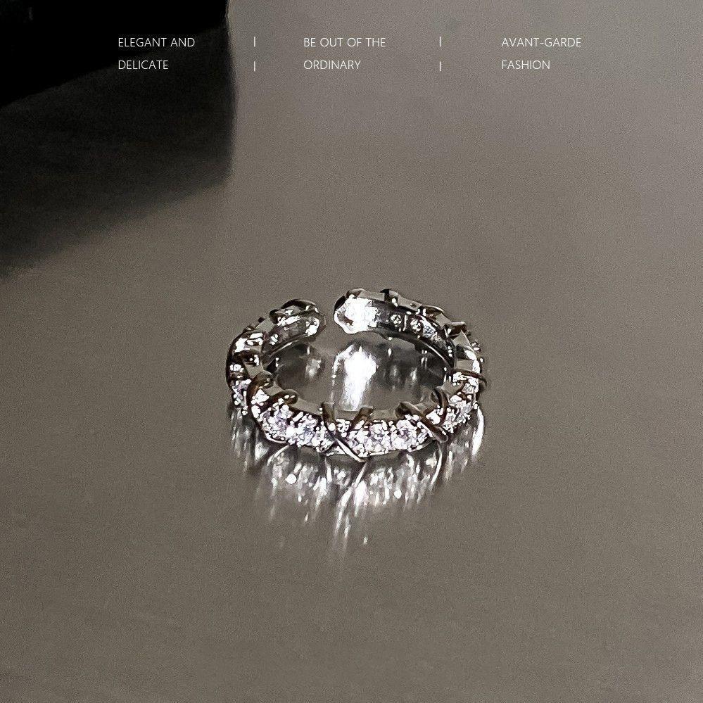 Two-Piece Moonstone Ring Female Inlaid Rhinestone Open Ring Niche Design Plain Ring Index Finger Ring French Self-Discipline Ring
