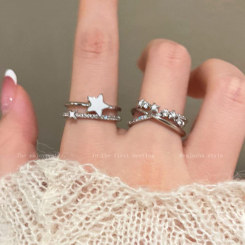 Double-Layer Star Zircon Open Ring Female Niche Design Girlfriends Student Ring Light Luxury High-Grade Index Ring Ring
