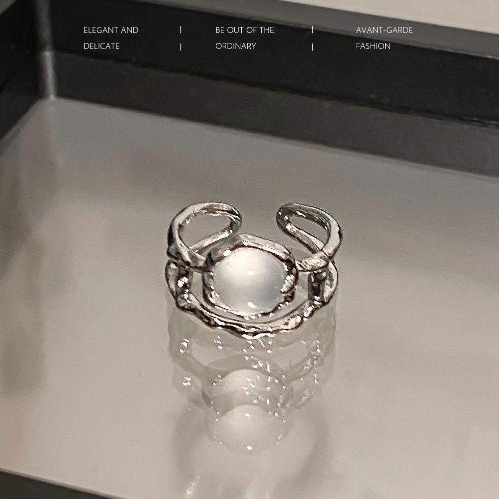 Two-Piece Moonstone Ring Female Inlaid Rhinestone Open Ring Niche Design Plain Ring Index Finger Ring French Self-Discipline Ring