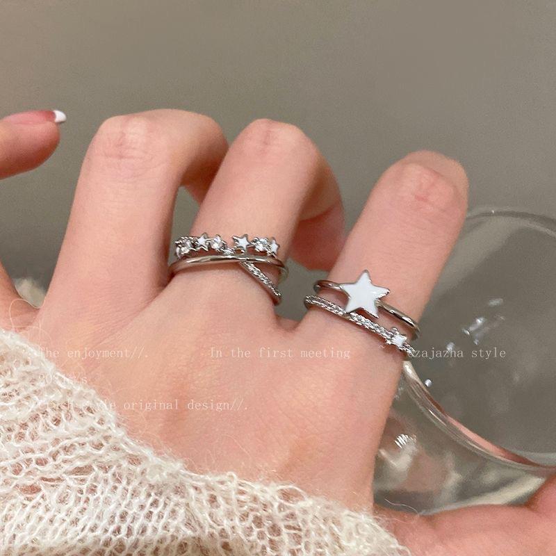 Double-Layer Star Zircon Open Ring Female Niche Design Girlfriends Student Ring Light Luxury High-Grade Index Ring Ring