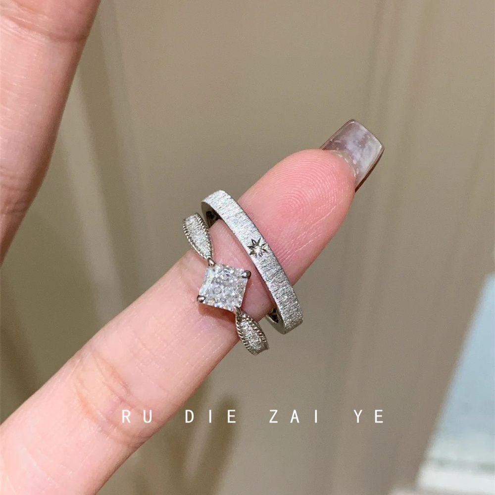 Koning Vintage Brushed Silver Square Sugar Zircon Mercury Ring High-Grade Light Luxury Niche Open Ring