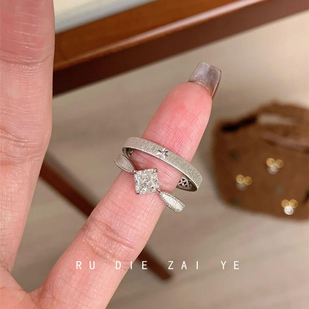 Koning Vintage Brushed Silver Square Sugar Zircon Mercury Ring High-Grade Light Luxury Niche Open Ring