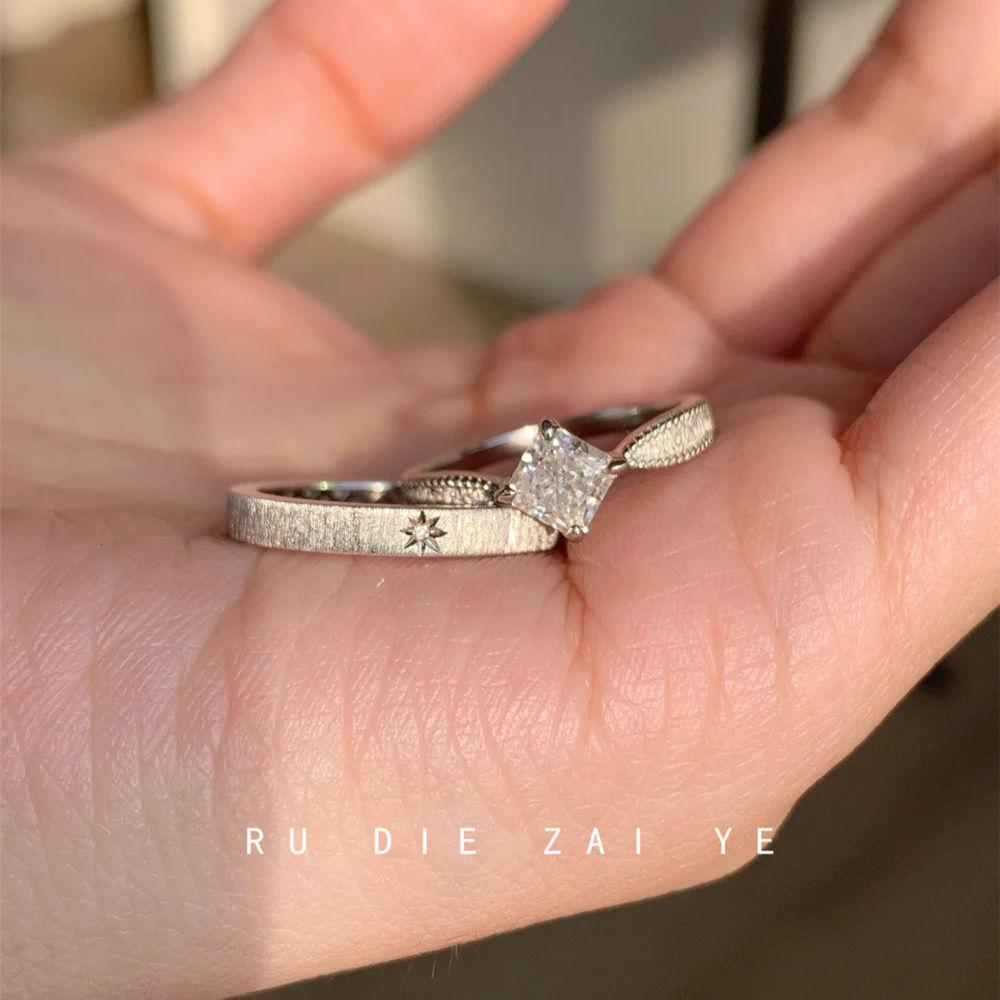 Koning Vintage Brushed Silver Square Sugar Zircon Mercury Ring High-Grade Light Luxury Niche Open Ring