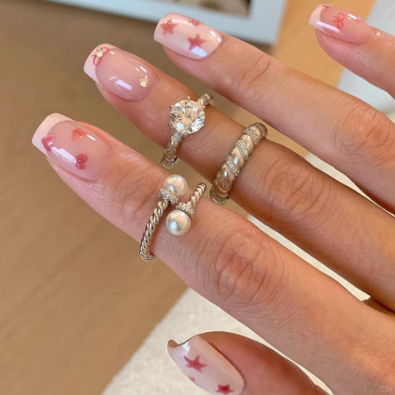Mid-Ancient Brushed Zircon Pearl Ring Female Open Plain Ring Stacked Wear Niche High-Grade Light Luxury Couple Ring Wholesale