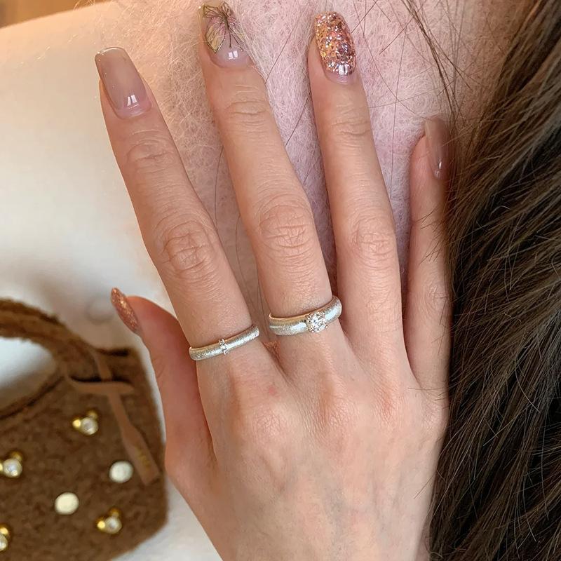 Mid-Ancient Brushed Zircon Pearl Ring Female Open Plain Ring Stacked Wear Niche High-Grade Light Luxury Couple Ring Wholesale