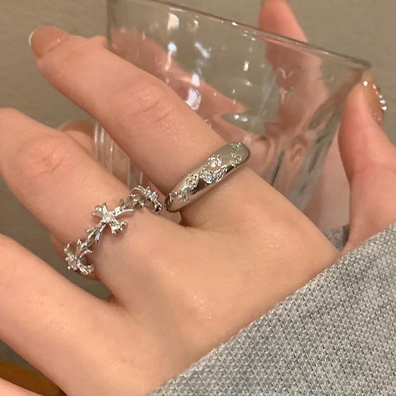 Cool Style ~ Silver Zircon Cross Ring Female Niche Design Ins Light Luxury Index Finger Ring Personality Couple Ring