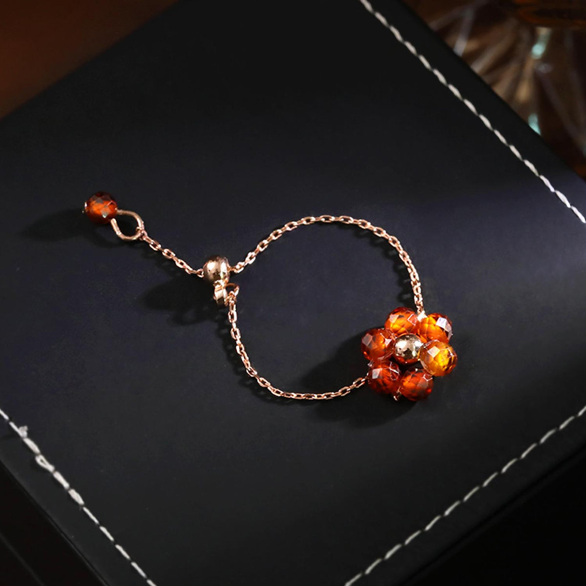 French Style Small Clear Rose Gold Plated Chain Ring Natural Red Agate Ring Female Spring and Summer Small Fresh Ring Jewelry