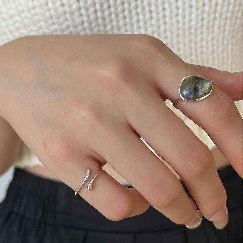 S925 Sterling Silver Women's Ring Niche Design Inlaid Moonstone Open Joint Ring Tail Ring Student Ring Stacked