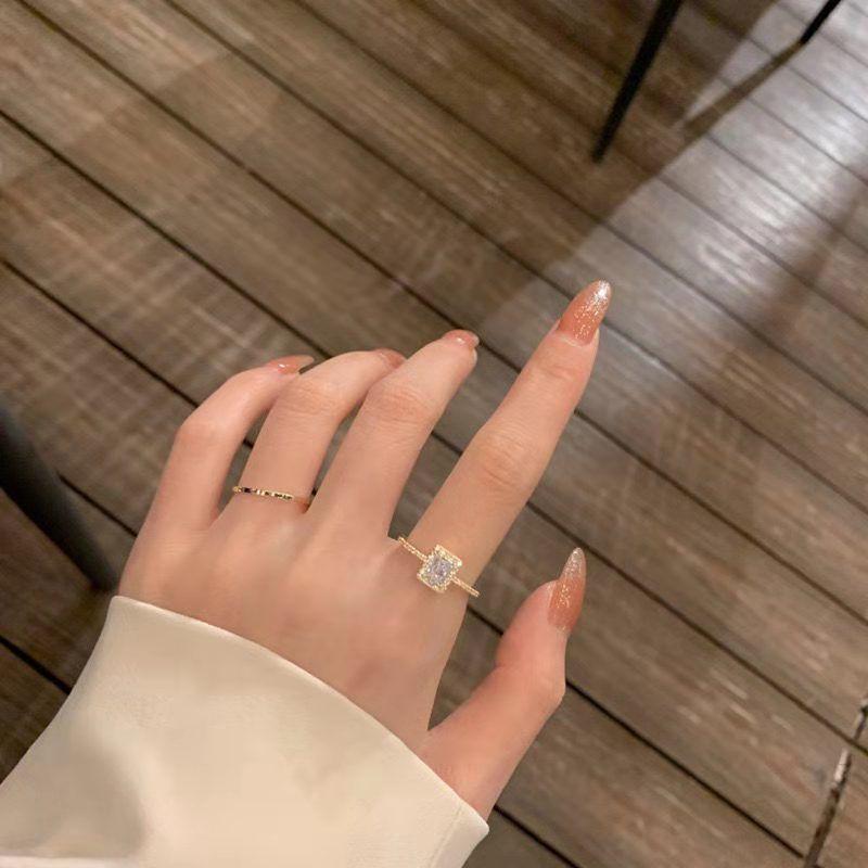 Korean Style Light Luxury Zircon Super Flash Ring Ins Niche Design Square Diamond Cold Style Exquisite Ring Opening Adjustable Ring