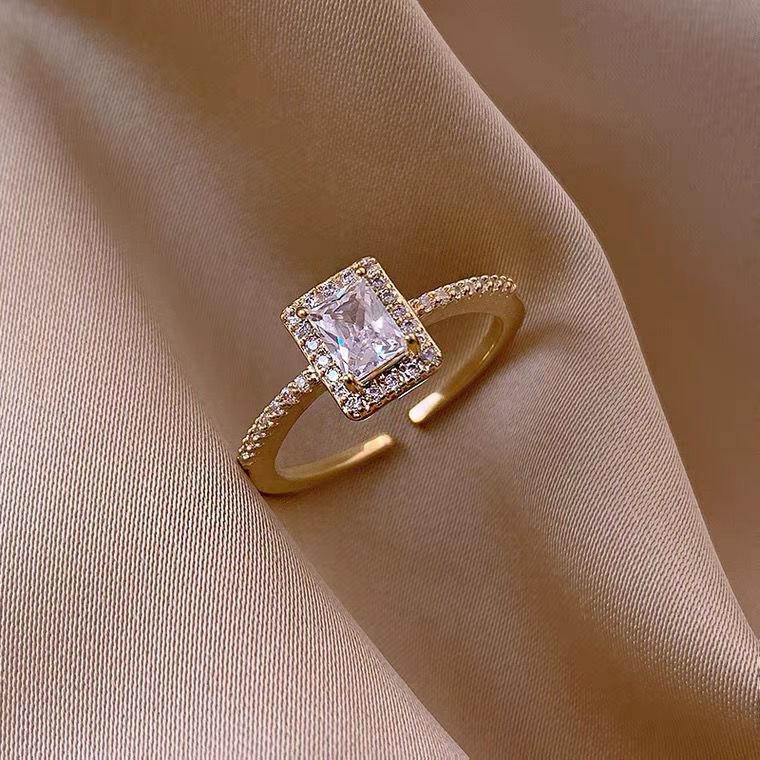 Korean Style Light Luxury Zircon Super Flash Ring Ins Niche Design Square Diamond Cold Style Exquisite Ring Opening Adjustable Ring