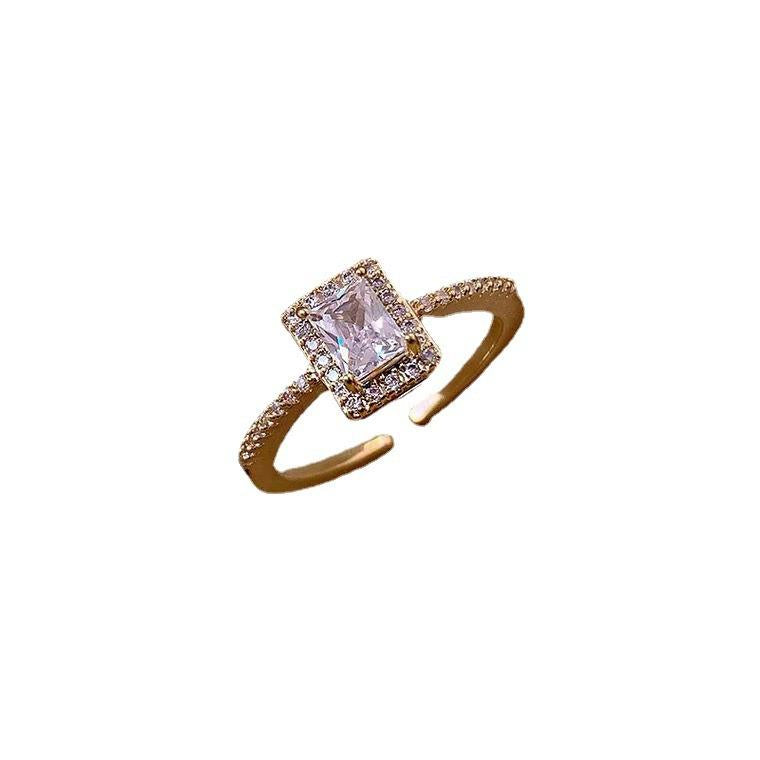 Korean Style Light Luxury Zircon Super Flash Ring Ins Niche Design Square Diamond Cold Style Exquisite Ring Opening Adjustable Ring