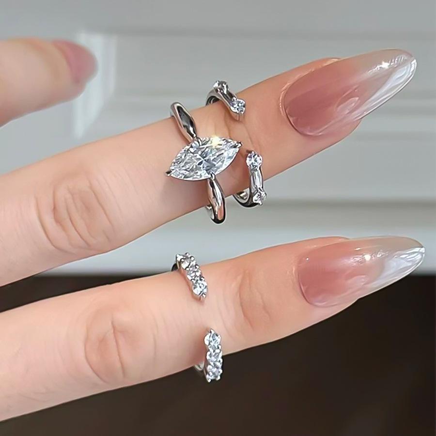 Little Red Book Same Style Ins Minimalist Three-in-One Stacked Ring Bright Super Shiny Horse Eye Zircon Open Female Ring