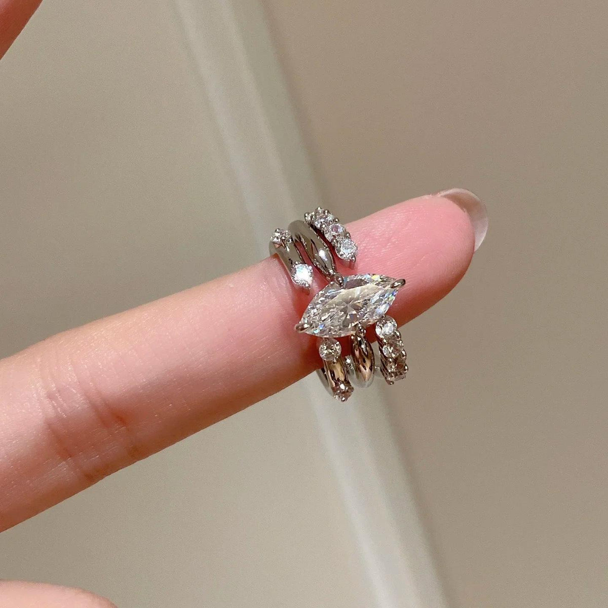 Little Red Book Same Style Ins Minimalist Three-in-One Stacked Ring Bright Super Shiny Horse Eye Zircon Open Female Ring