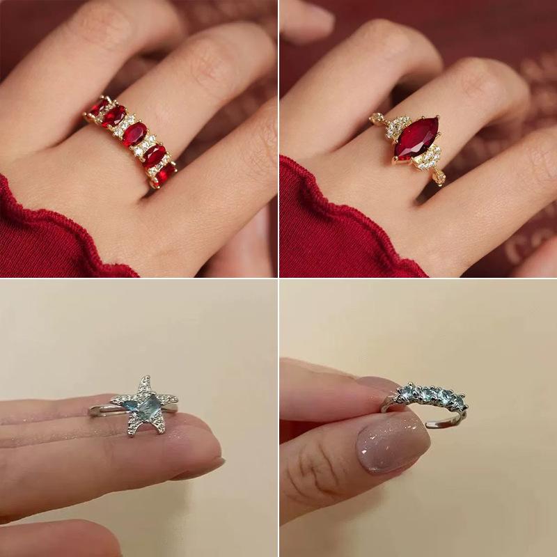 French Design Exquisite Horse Eye Olive Green Zircon Heavy Industry Fashionable Open Ring Fashionable Female Ring Red New Product