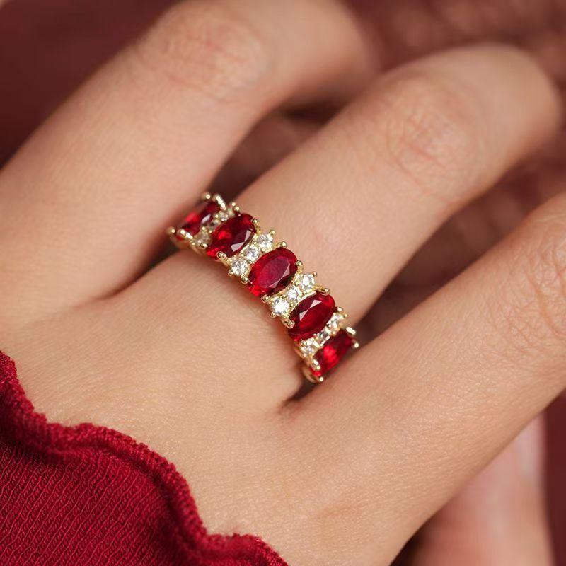 French Design Exquisite Horse Eye Olive Green Zircon Heavy Industry Fashionable Open Ring Fashionable Female Ring Red New Product