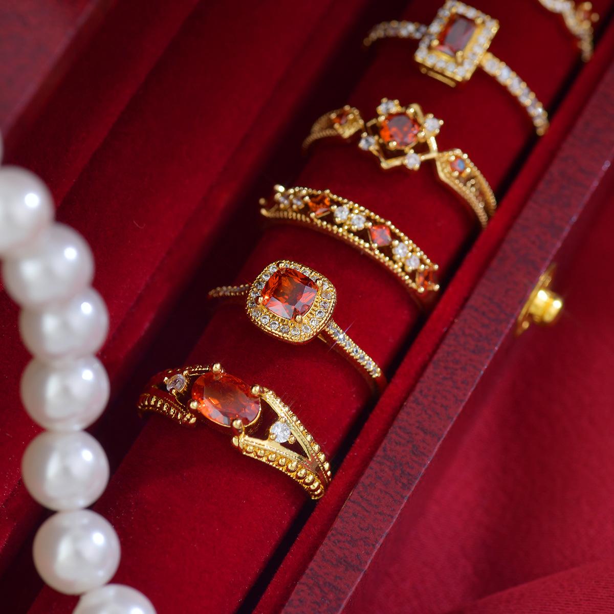 A571 French Style Light Luxury Design Pomegranate Red Zircon Exquisite Open Ring Ring White Daily High Sense Ring