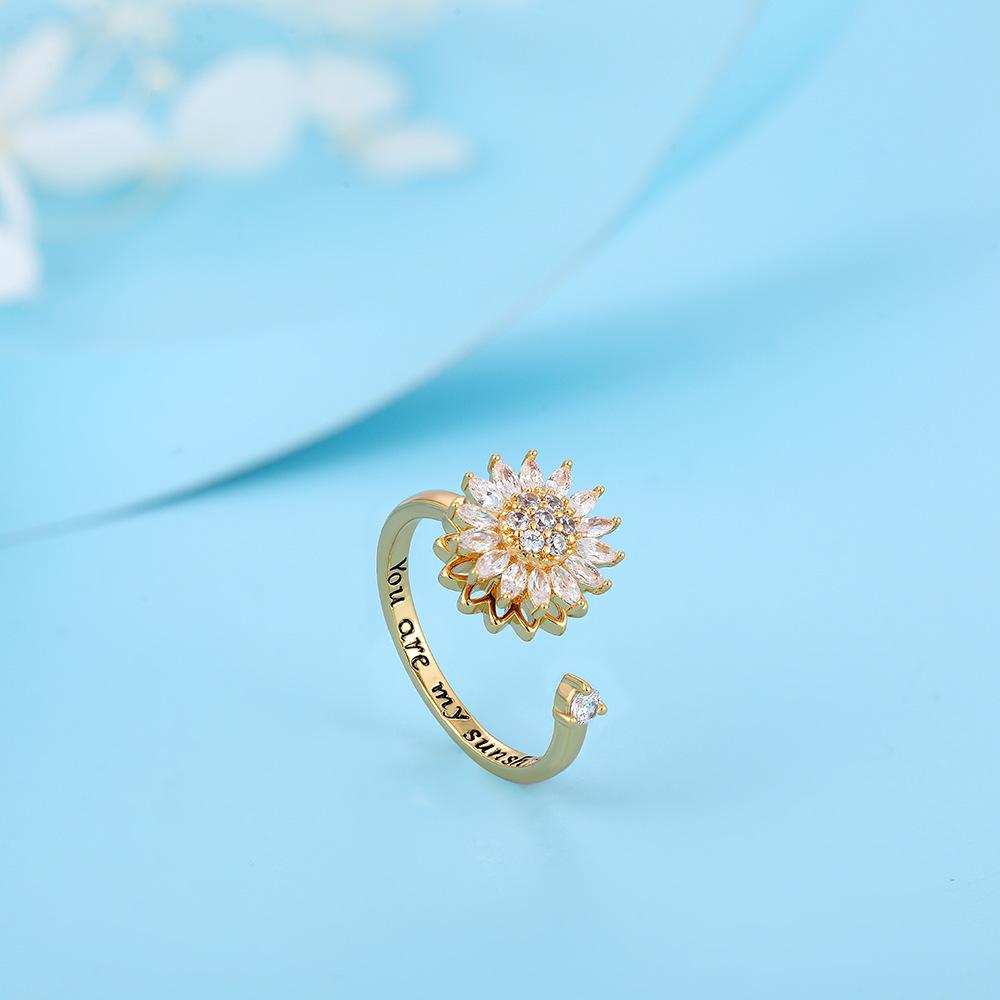 18K Gold Zircon Sun Flower Planet Rotating Ring Sunflower Daisy Open Ring European and American Cross-Border Jewelry