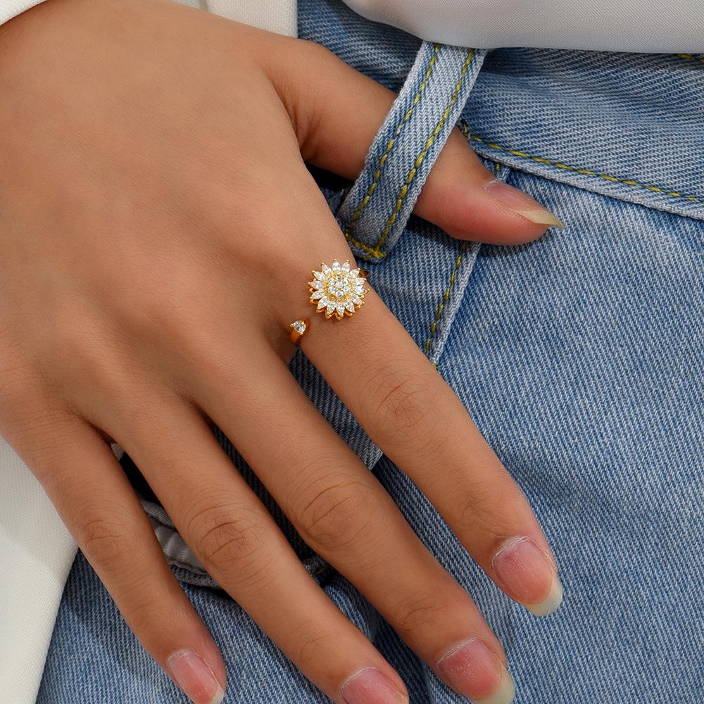 18K Gold Zircon Sun Flower Planet Rotating Ring Sunflower Daisy Open Ring European and American Cross-Border Jewelry